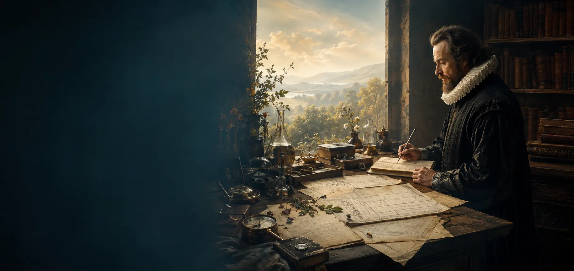 Francesco Bacone fra una biblioteca rinascimentale e un laboratorio aperto alla natura.
