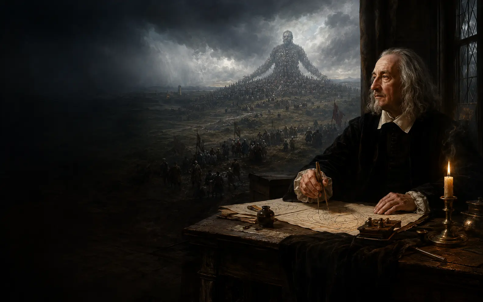 Thomas Hobbes in uno studio seicentesco, accanto a una moltitudine che prende la forma di un grande corpo politico: la paura e il patto danno origine al Leviatano.