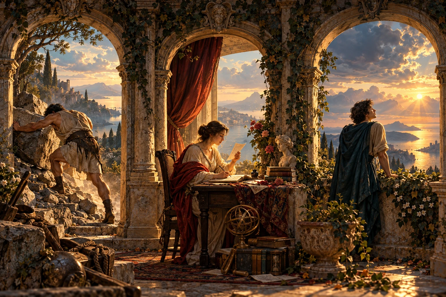 Lo sforzo del corpo, la lettera custodita e lo sguardo oltre il limite aprono tre domande: che cosa ci muove, quali valori ci legano, quanto eccede ciò che otteniamo? L’accostamento conserva la differenza fra volere, passioni e desiderio illimitato di piacere.