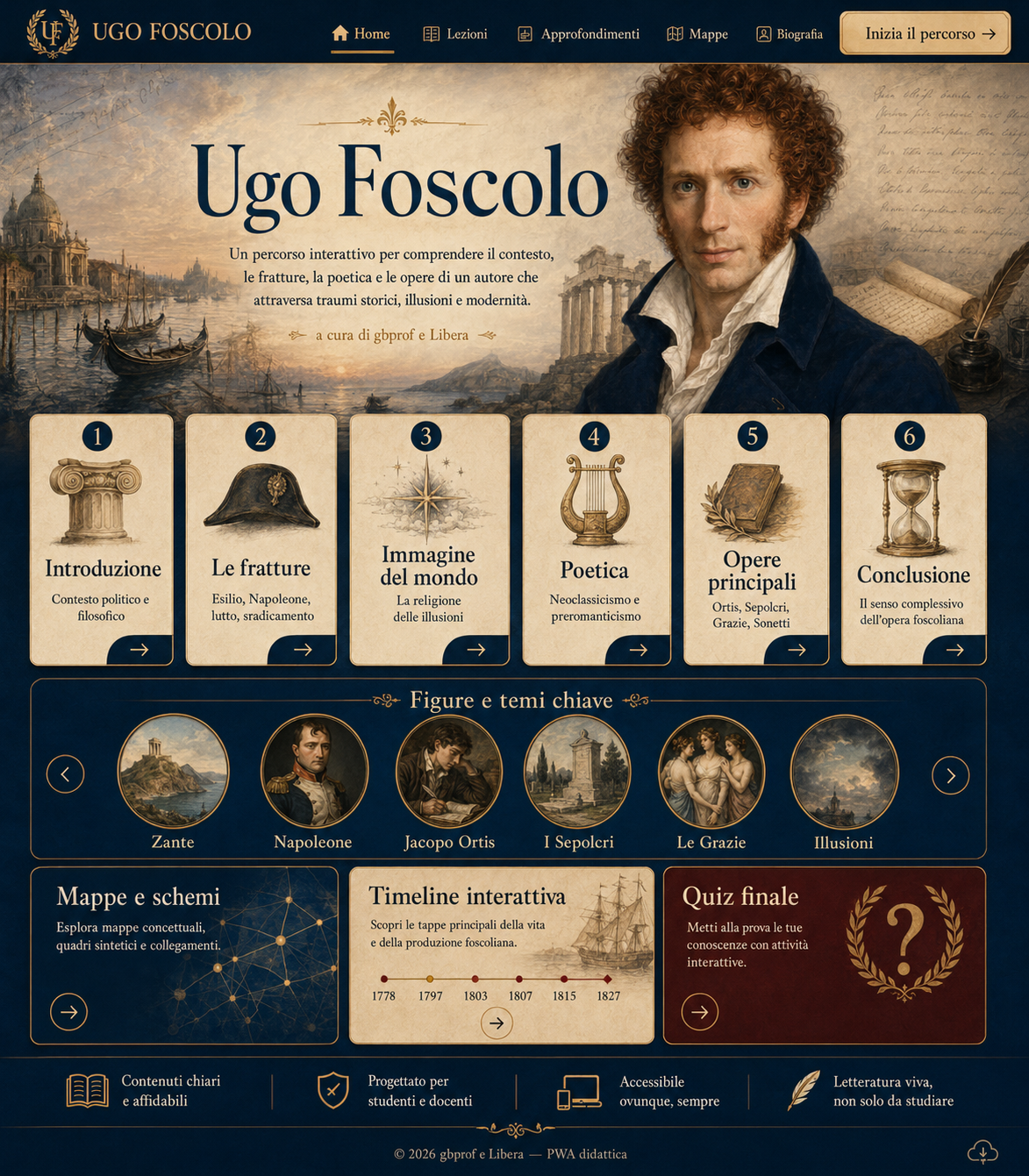 Homepage illustrata della PWA didattica su Ugo Foscolo