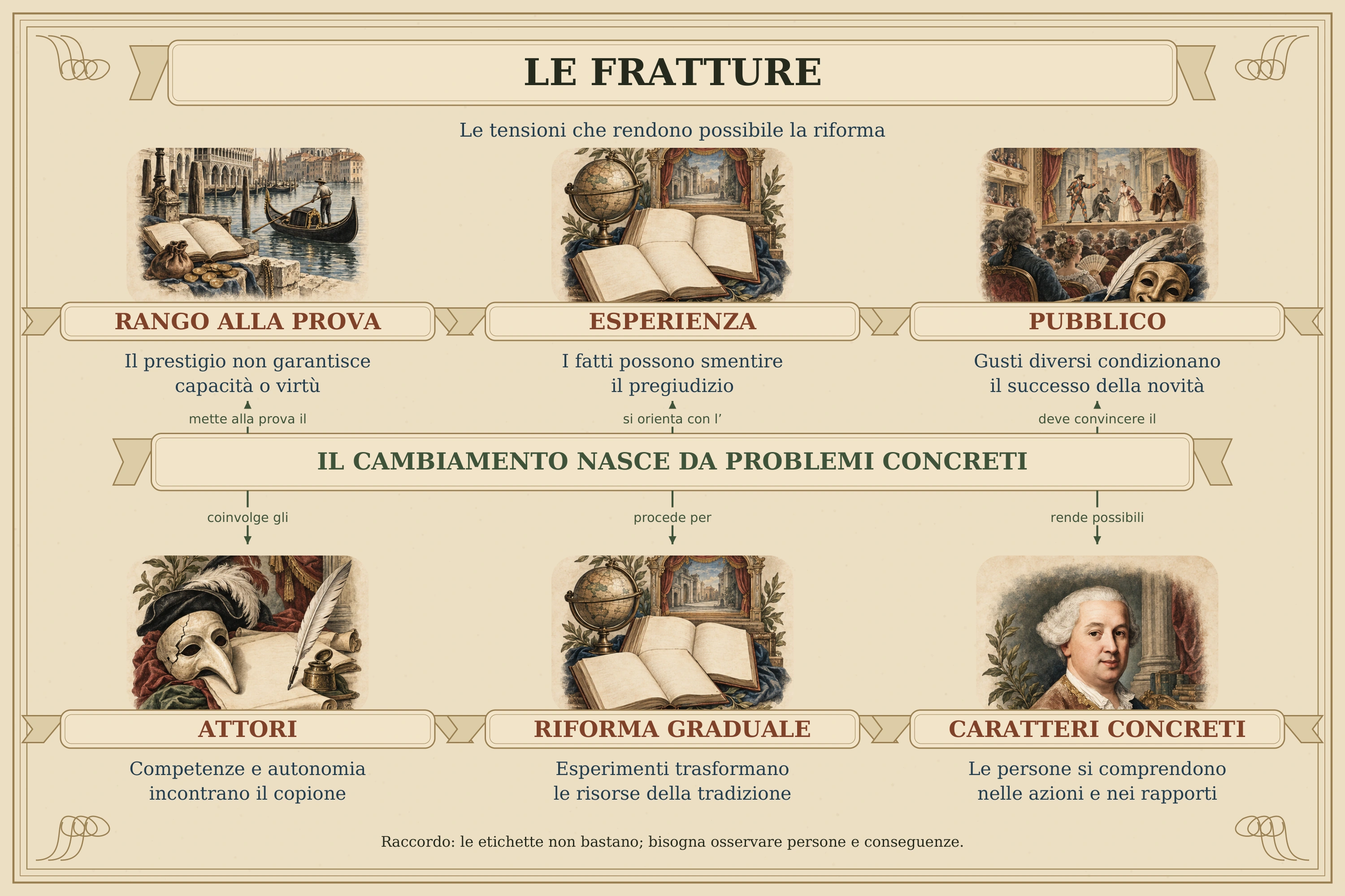 La prima frattura riguarda il rapporto fra rango e comportamento: la posizione sociale non garantisce capacità o virtù. La seconda riguarda il sapere: l’esperienza può smentire giudizi accettati senza verifica. Queste tensioni incontrano il lavoro del teatro. Il pubblico condiziona il successo della novità; gli attori difendono competenze e autonomia; l’autore cerca una maggiore coerenza dell’azione. Perciò la riforma deve procedere per esperimenti, utilizzando e trasformando l’eredità della commedia dell’arte. I sei nuclei della mappa sono: rango alla prova, esperienza contro pregiudizio, pubblico, attori, riforma graduale e caratteri concreti. Il passaggio decisivo consiste nel giudicare le persone attraverso ciò che fanno nelle relazioni.