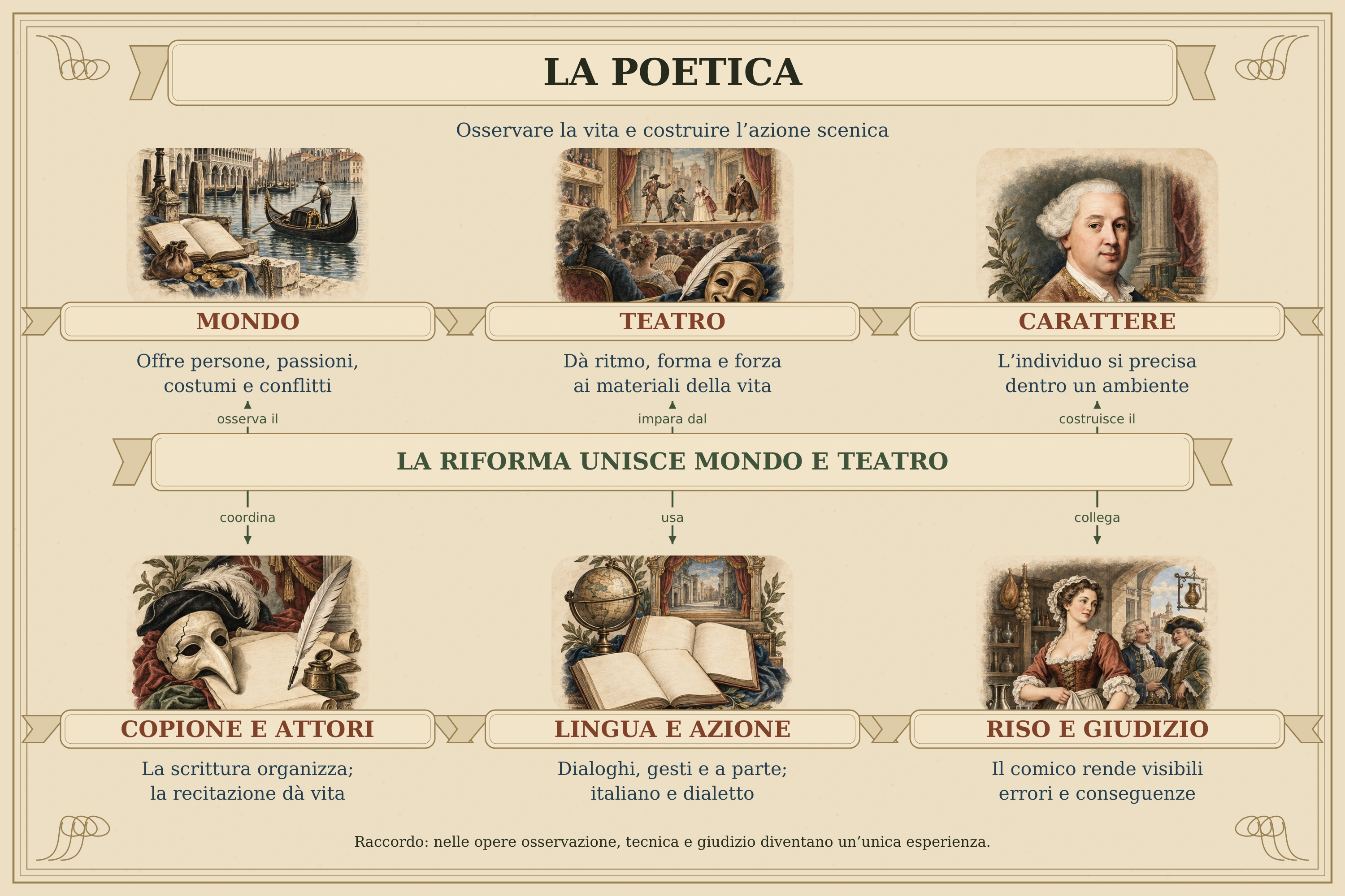 La poetica goldoniana nasce dall’incontro fra Mondo e Teatro: osservare persone e costumi, poi trasformarli in azioni efficaci. Il carattere si precisa dentro un ambiente; il copione organizza l’insieme senza rendere superflua l’interpretazione dell’attore. Il dialogo agisce sui rapporti, mentre didascalie e a parte permettono al pubblico di comprendere gesti e intenzioni. Italiano e dialetto danno forma a situazioni e comunità differenti. La comicità può educare perché rende osservabili errori e conseguenze. I sei nuclei della mappa sono: Mondo, Teatro, carattere, copione e attori, lingua e azione, riso e giudizio. La riforma li collega attraverso una trasformazione graduale della tradizione.