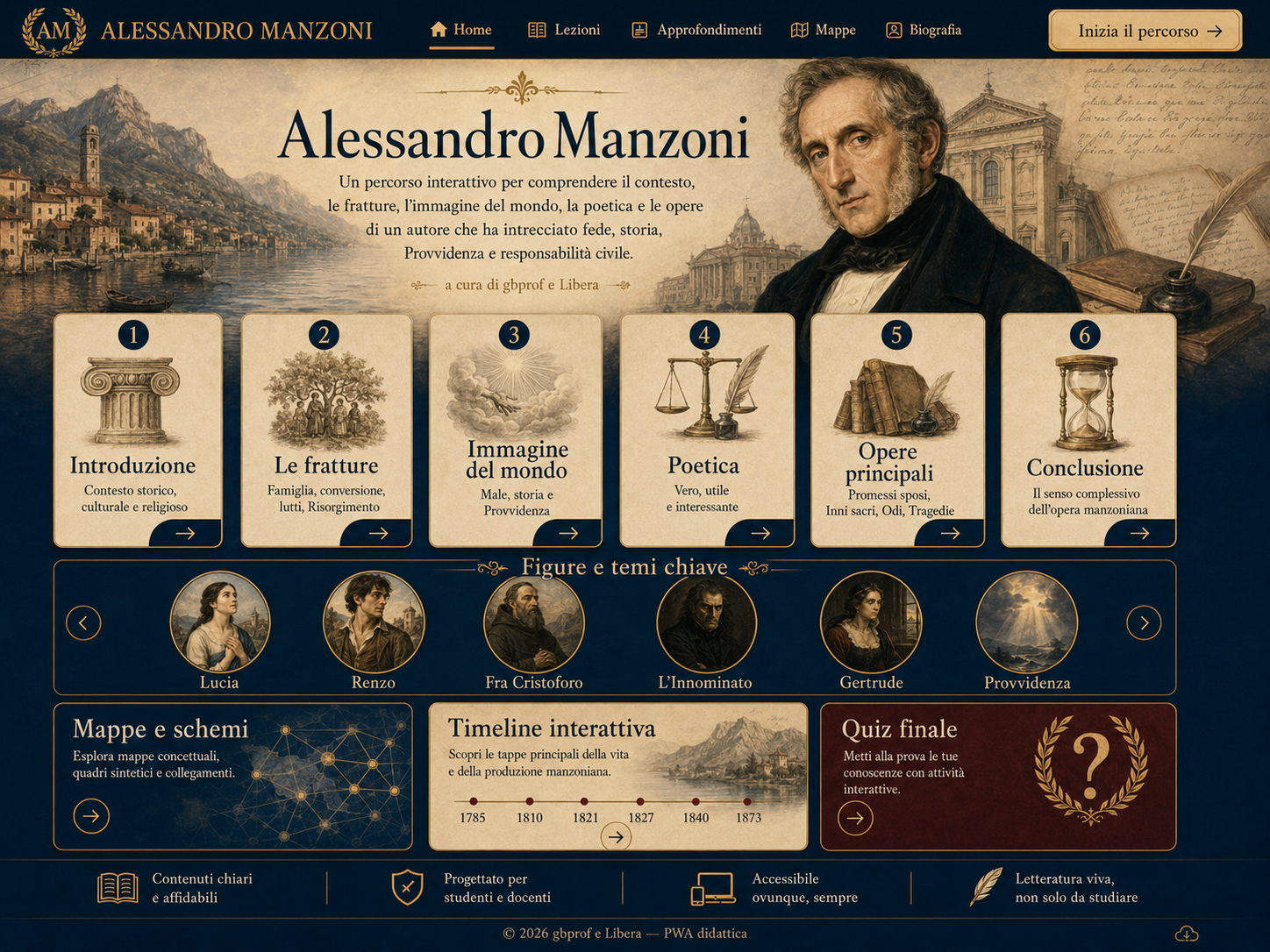 Homepage illustrata della PWA didattica su Alessandro Manzoni