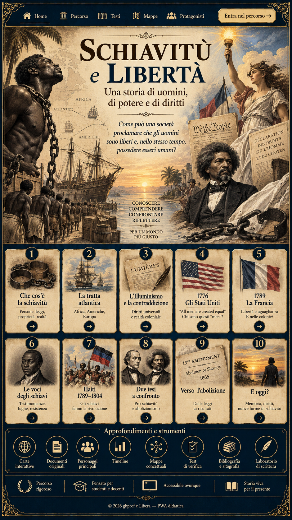 Copertina illustrata: schiavitù e libertà. Persone in catene, tratta atlantica, dichiarazioni dei diritti e Frederick Douglass. Dieci tappe del percorso; indice testuale disponibile sotto.